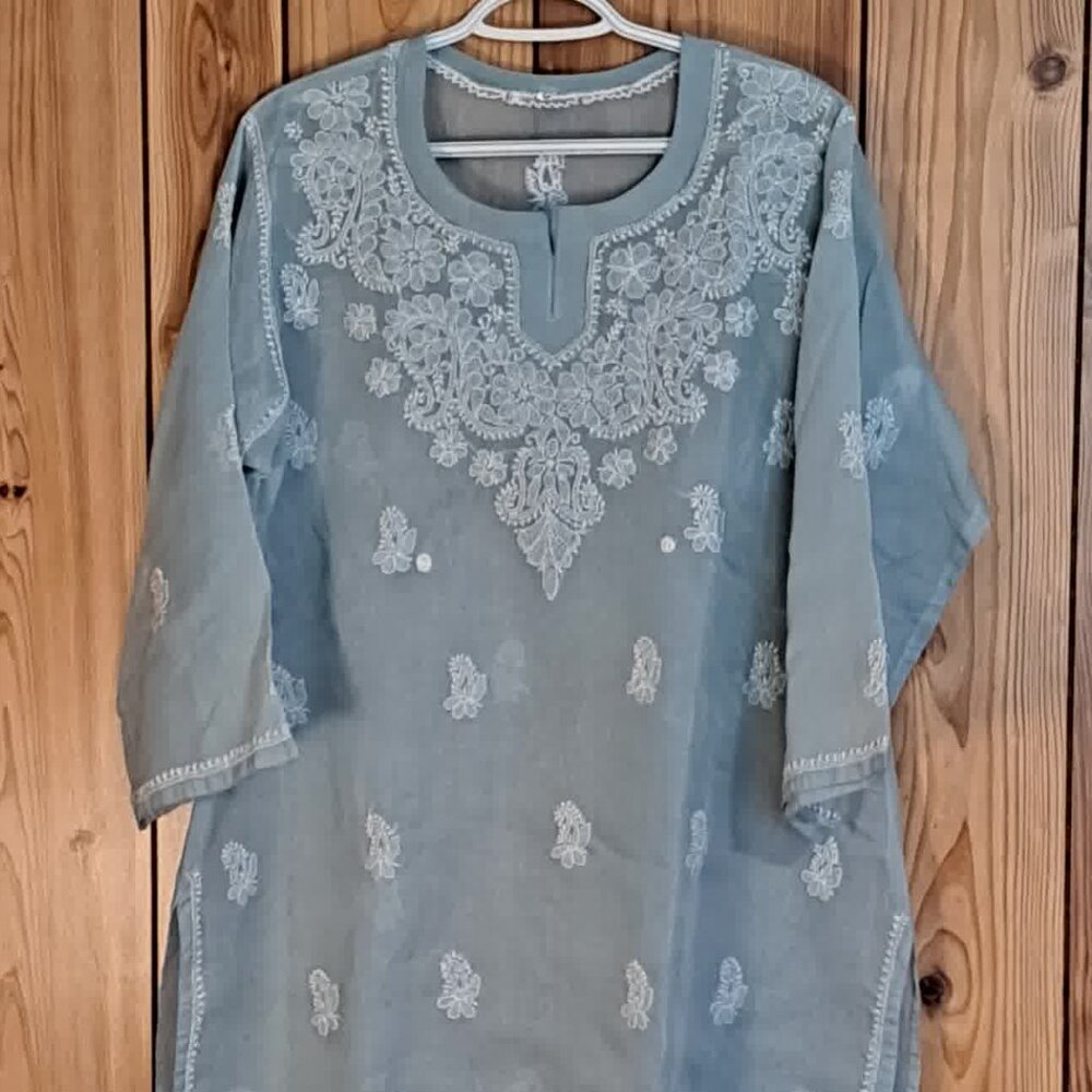 LARGE gorgeous ice-blue Indian kurta, embroidered, tunic, traditional, unique!